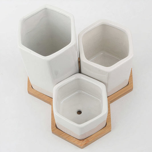 Hexagonal Ceramic Planter Set of 3 with Bamboo Tray — Modern Indoor Succulent Pot Home Office Desk Decor