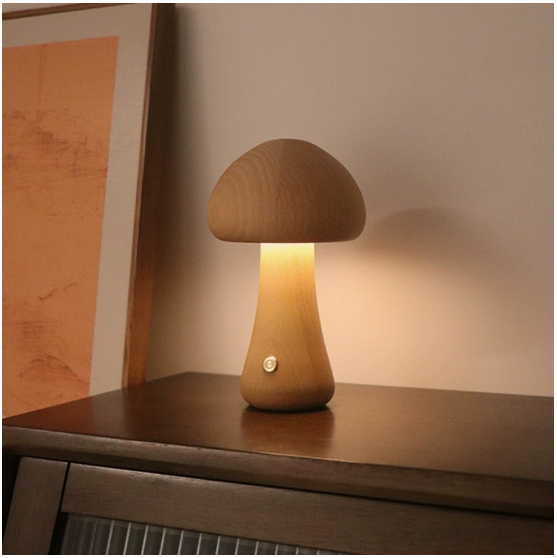 Wooden Mushroom Table Lamp — Rechargeable Warm LED Night Light Bedside Desk Home Decor