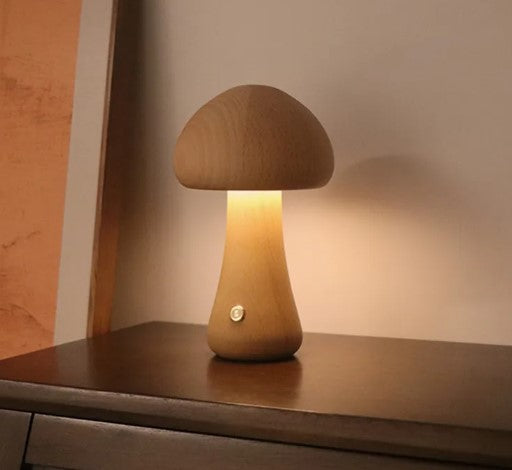 Wooden Mushroom Table Lamp — Rechargeable Warm LED Night Light Bedside Desk Home Decor