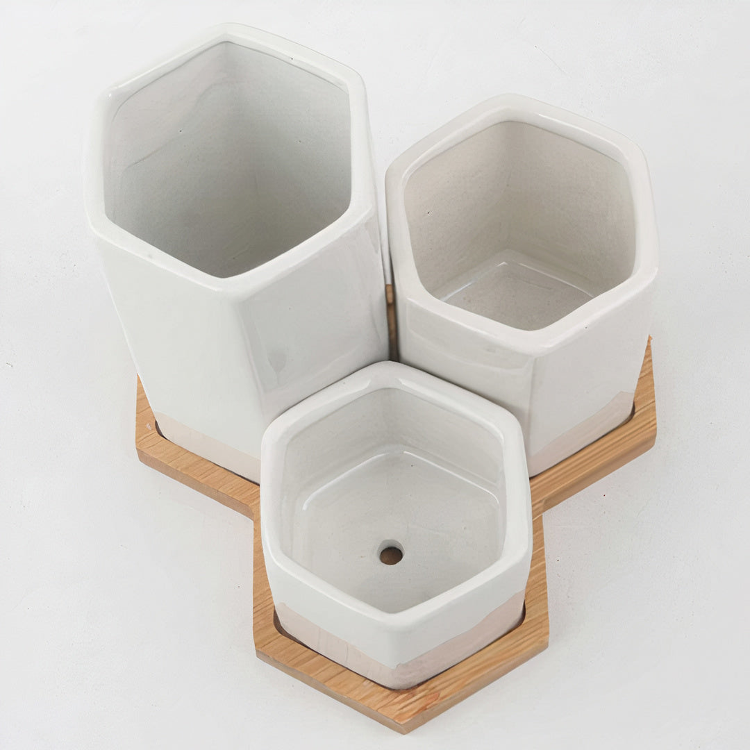 Hexagonal Ceramic Planter Set of 3 with Bamboo Tray — Modern Indoor Succulent Pot Home Office Desk Decor