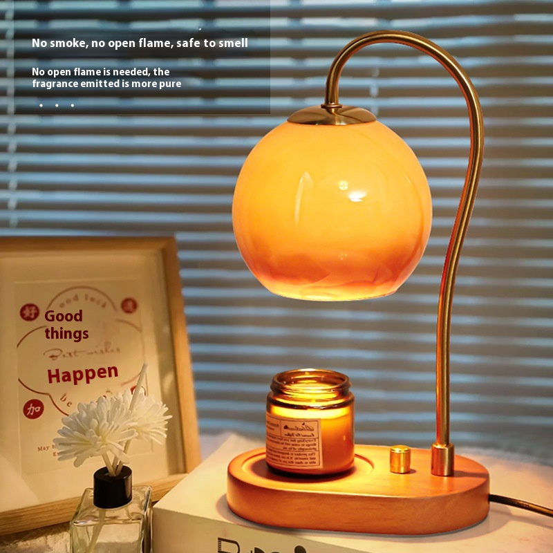 Flower Glass Candle Warmer Lamp with Wood Base — Wax Melt Aromatherapy Bedroom Decor