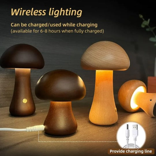 Wooden Mushroom Table Lamp — Rechargeable Warm LED Night Light Bedside Desk Home Decor