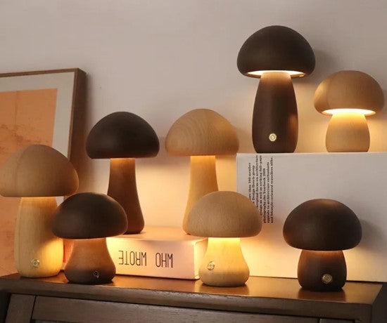 Wooden Mushroom Table Lamp — Rechargeable Warm LED Night Light Bedside Desk Home Decor