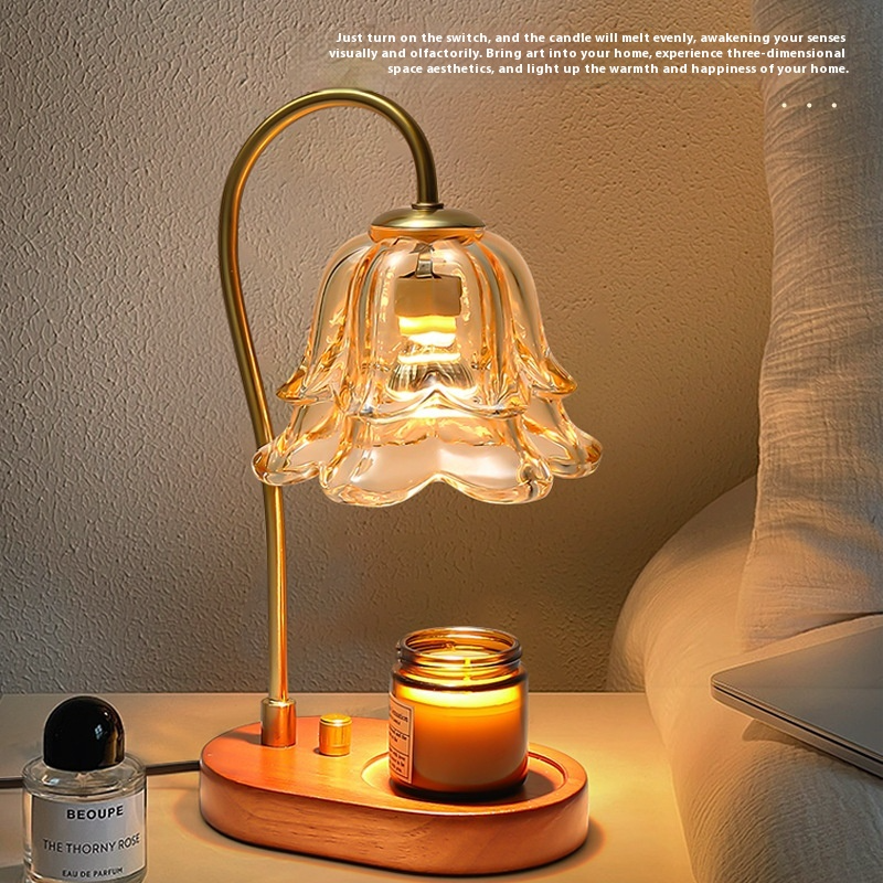 Flower Glass Candle Warmer Lamp with Wood Base — Wax Melt Aromatherapy Bedroom Decor