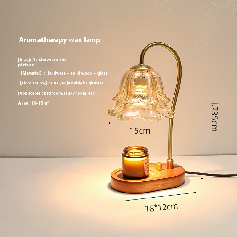 Flower Glass Candle Warmer Lamp with Wood Base — Wax Melt Aromatherapy Bedroom Decor