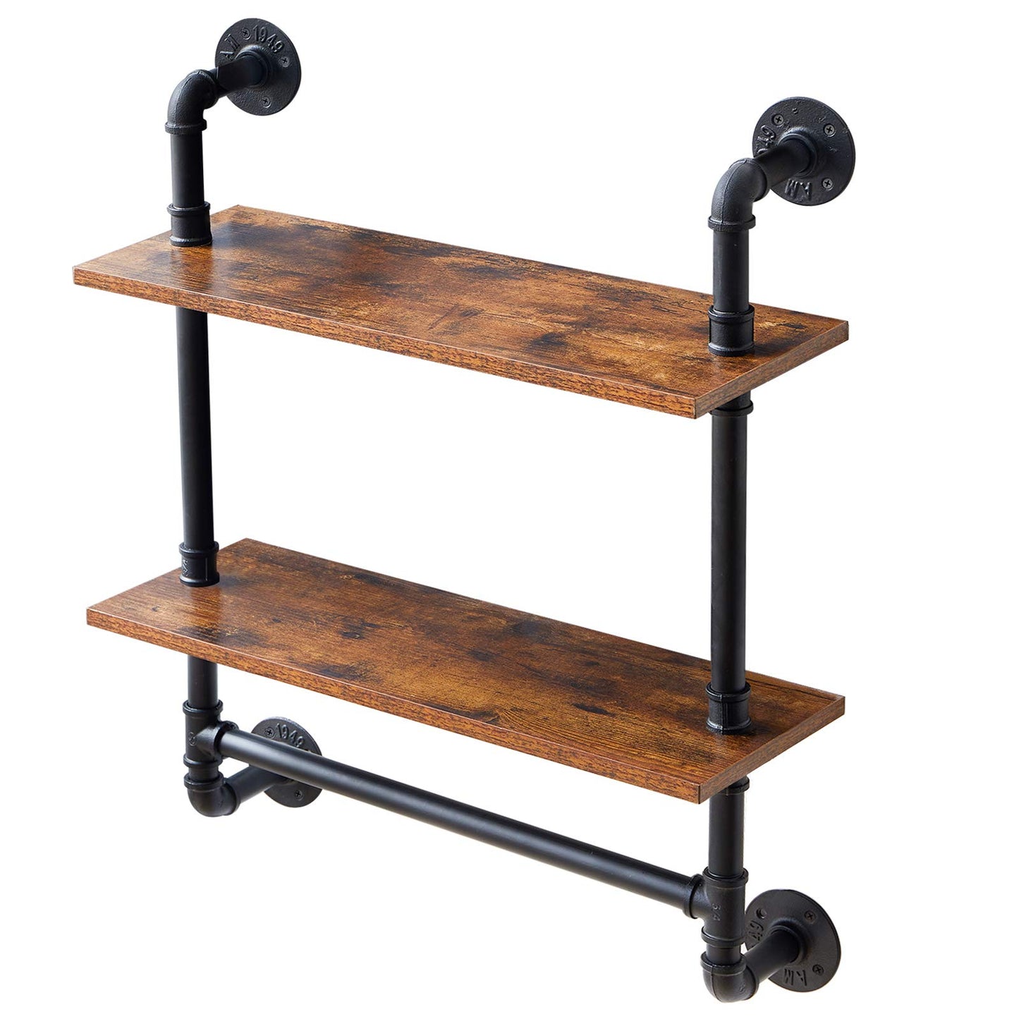 2 Tier Industrial Pipe Floating Shelf — Rustic Wood Wall Mounted Storage Rack