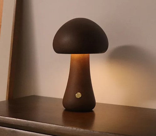 Wooden Mushroom Table Lamp — Rechargeable Warm LED Night Light Bedside Desk Home Decor