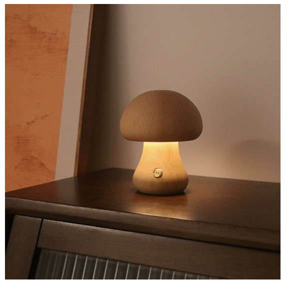 Wooden Mushroom Table Lamp — Rechargeable Warm LED Night Light Bedside Desk Home Decor