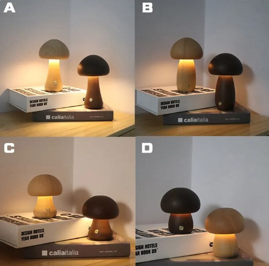 Wooden Mushroom Table Lamp — Rechargeable Warm LED Night Light Bedside Desk Home Decor