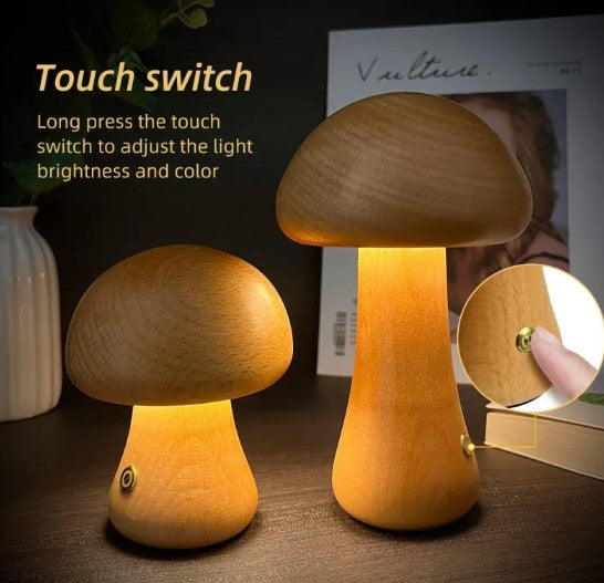 Wooden Mushroom Table Lamp — Rechargeable Warm LED Night Light Bedside Desk Home Decor