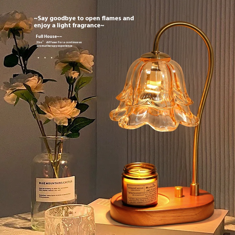 Flower Glass Candle Warmer Lamp with Wood Base — Wax Melt Aromatherapy Bedroom Decor