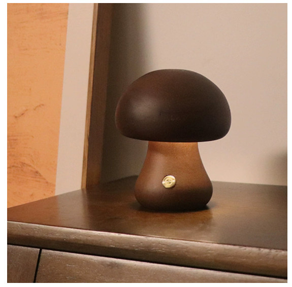 Wooden Mushroom Table Lamp — Rechargeable Warm LED Night Light Bedside Desk Home Decor