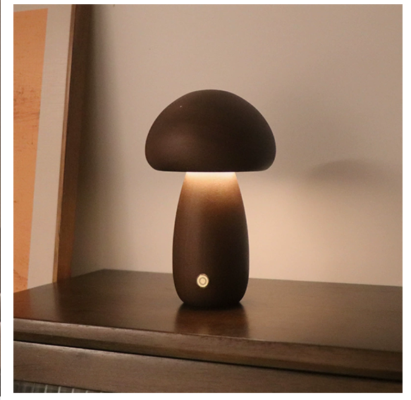 Wooden Mushroom Table Lamp — Rechargeable Warm LED Night Light Bedside Desk Home Decor