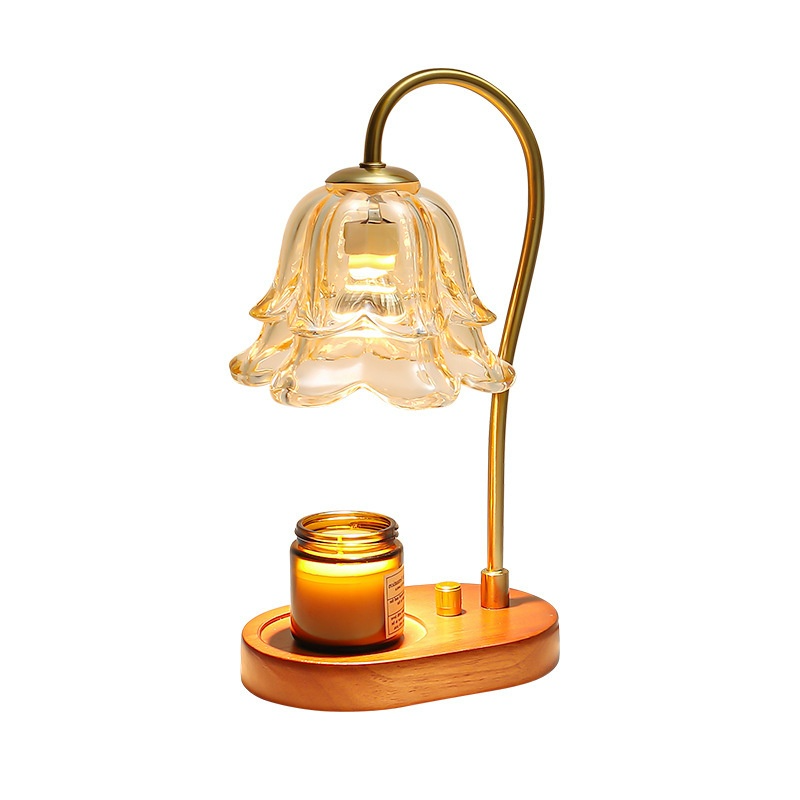 Flower Glass Candle Warmer Lamp with Wood Base — Wax Melt Aromatherapy Bedroom Decor